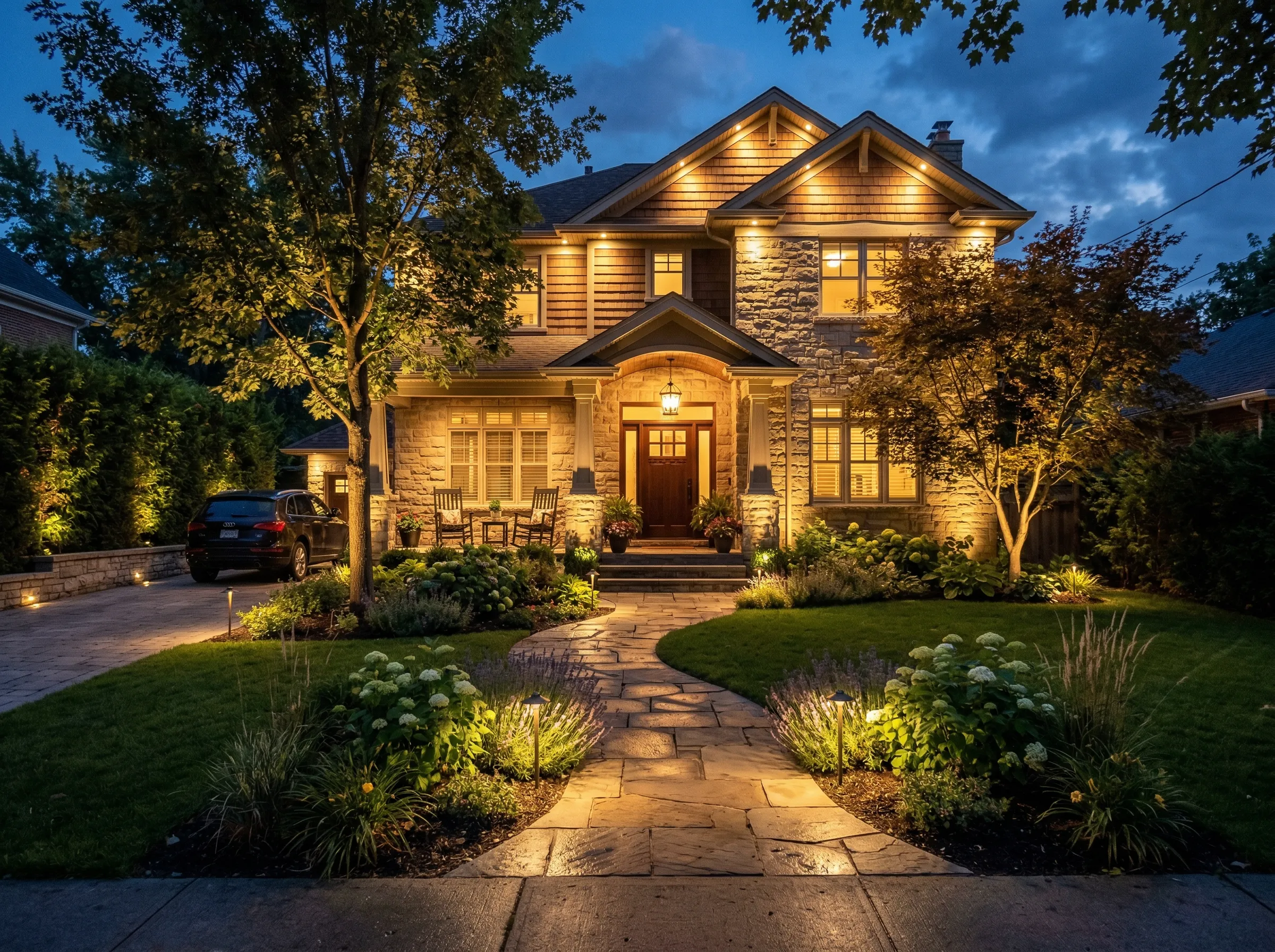 Outdoor lighting installation on Carver MN home exterior by Hartley Landscape