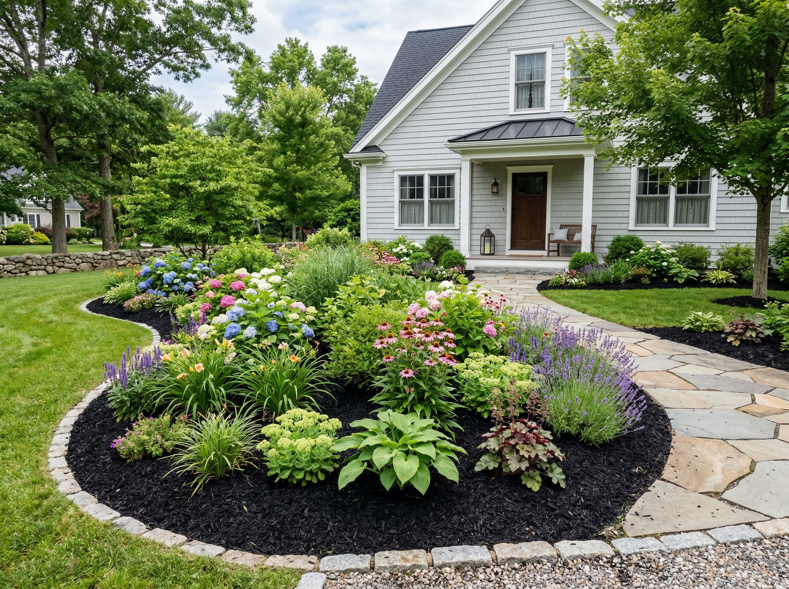 Completed mulch installation around home landscaping in Carver MN